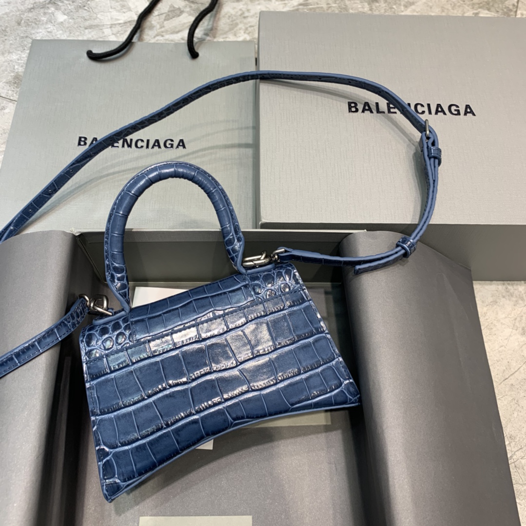 Balenciaga Hourglass XS Handbag Crocodile Embossed Shoulder Bag Gray Blue